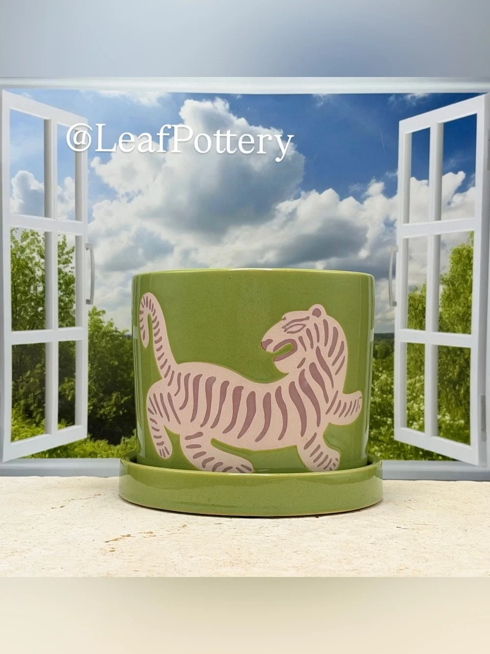 Tiger Ceramic Planter with Saucer 5 Inch, Cute Green Indoor Plant Pot